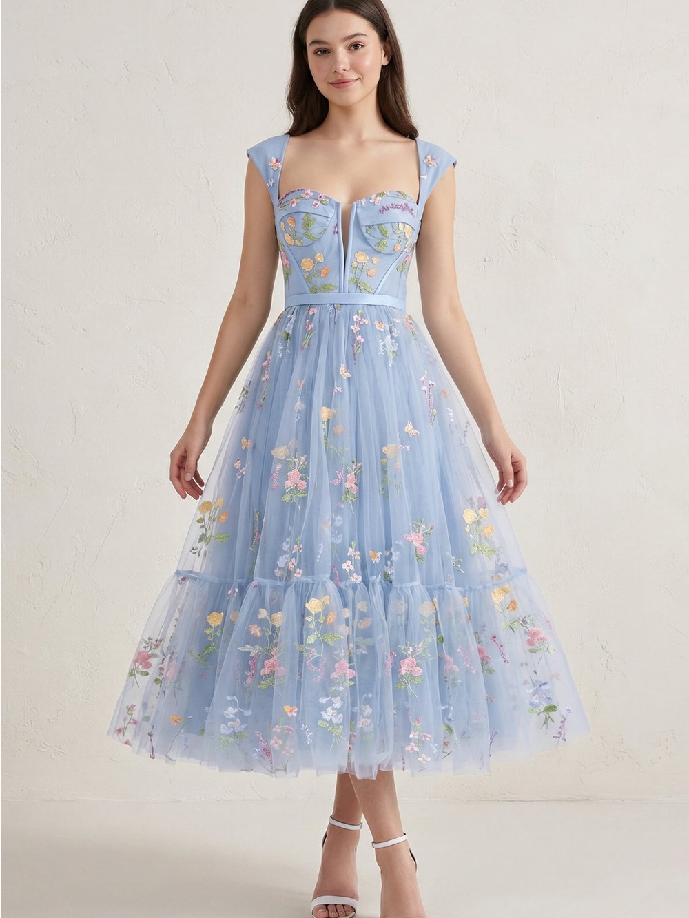 Amazon Blue Floral Embroidered Tulle Midi Dress